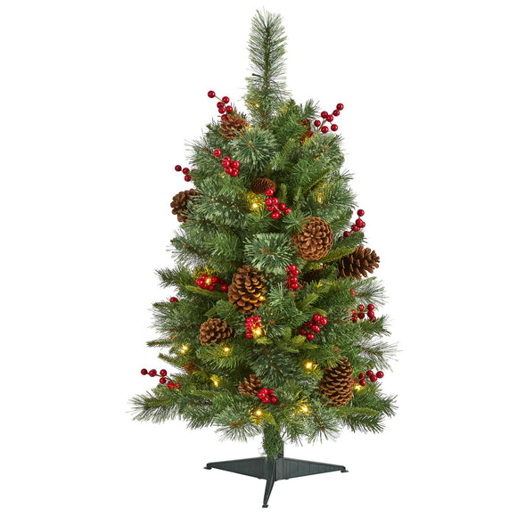 3' Norway Pine Christmas Tree Pre-Lighted With 50 LED, Cones And Berries