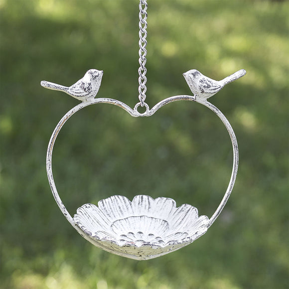 Love Bird Feeder Heart Shaped Hanging Dish Cast Iron With Chain