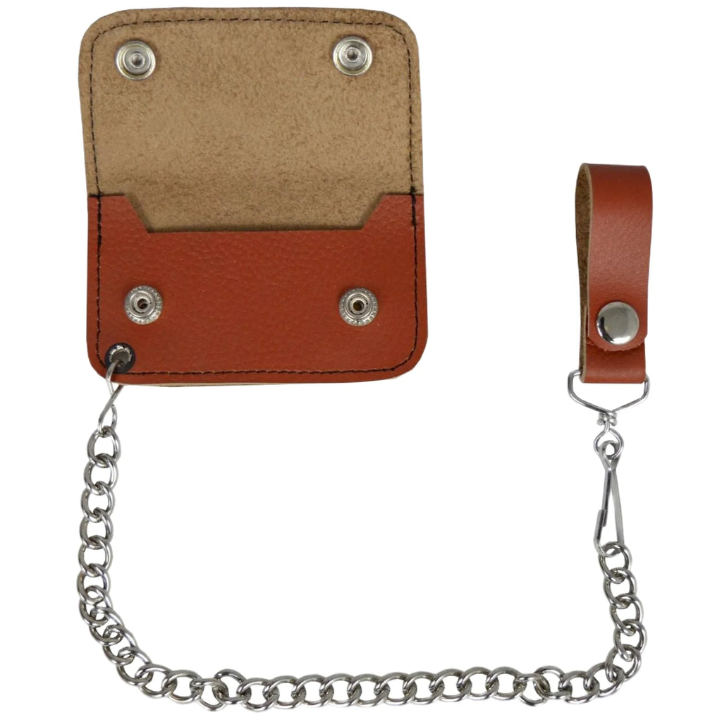Brown Leather Motorcycle Chain Coins Wallet Genuine Cowhide Bifold Snap Closure