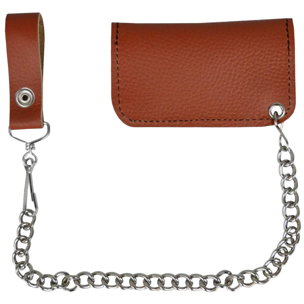 Brown Leather Motorcycle Chain Coins Wallet Genuine Cowhide Bifold Snap Closure