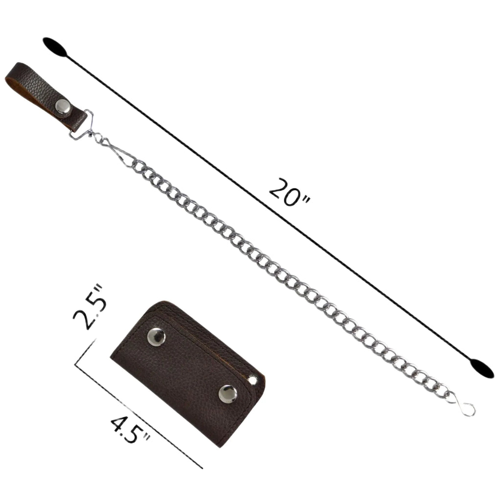 Leather Motorcycle Chain Coins Wallet Dark Brown Bifold Cowhide Secure