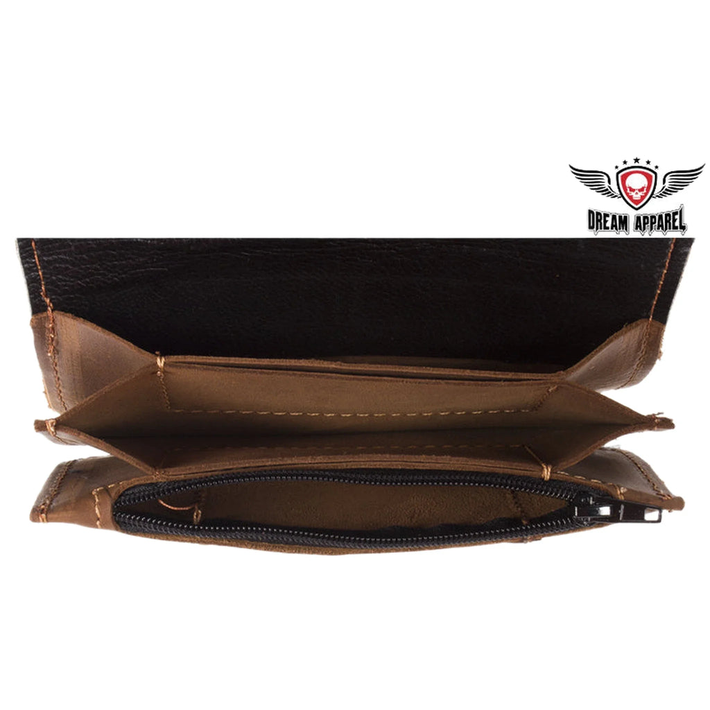 Premium Quality Smooth Brown Leather Bifold Motorcycle Chain Wallet