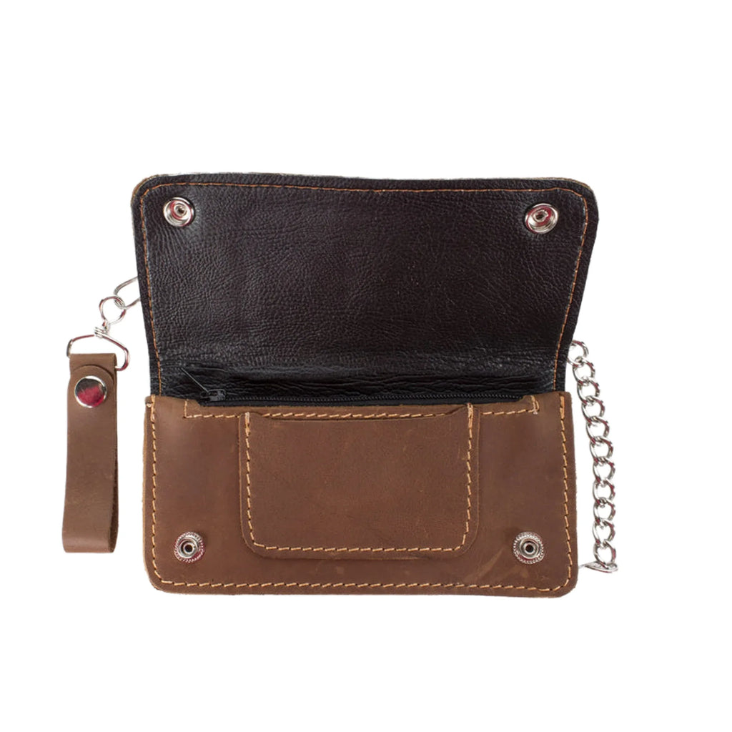 Premium Quality Smooth Brown Leather Bifold Motorcycle Chain Wallet