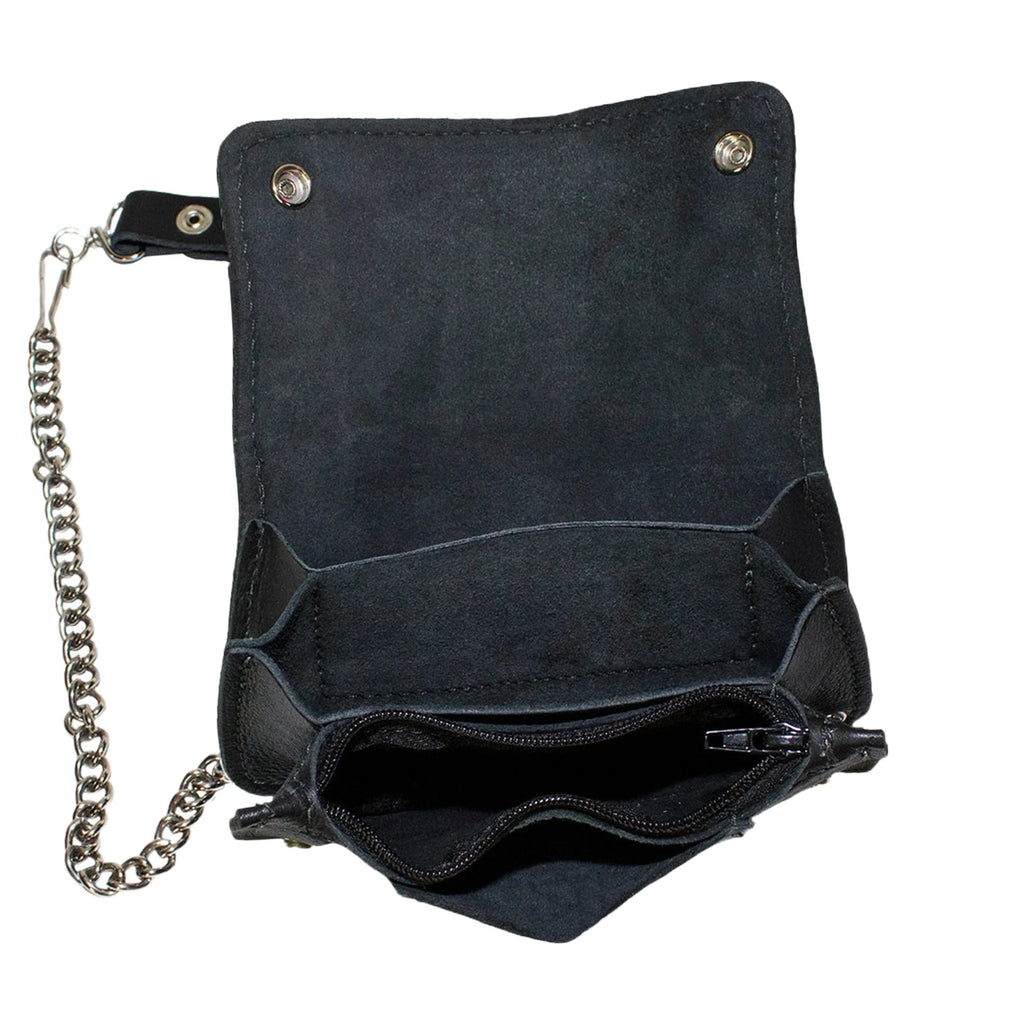 Heavy Duty Black Leather Motorcycle Chain Wallet Genuine Cowhide Bifold Chrome Chain