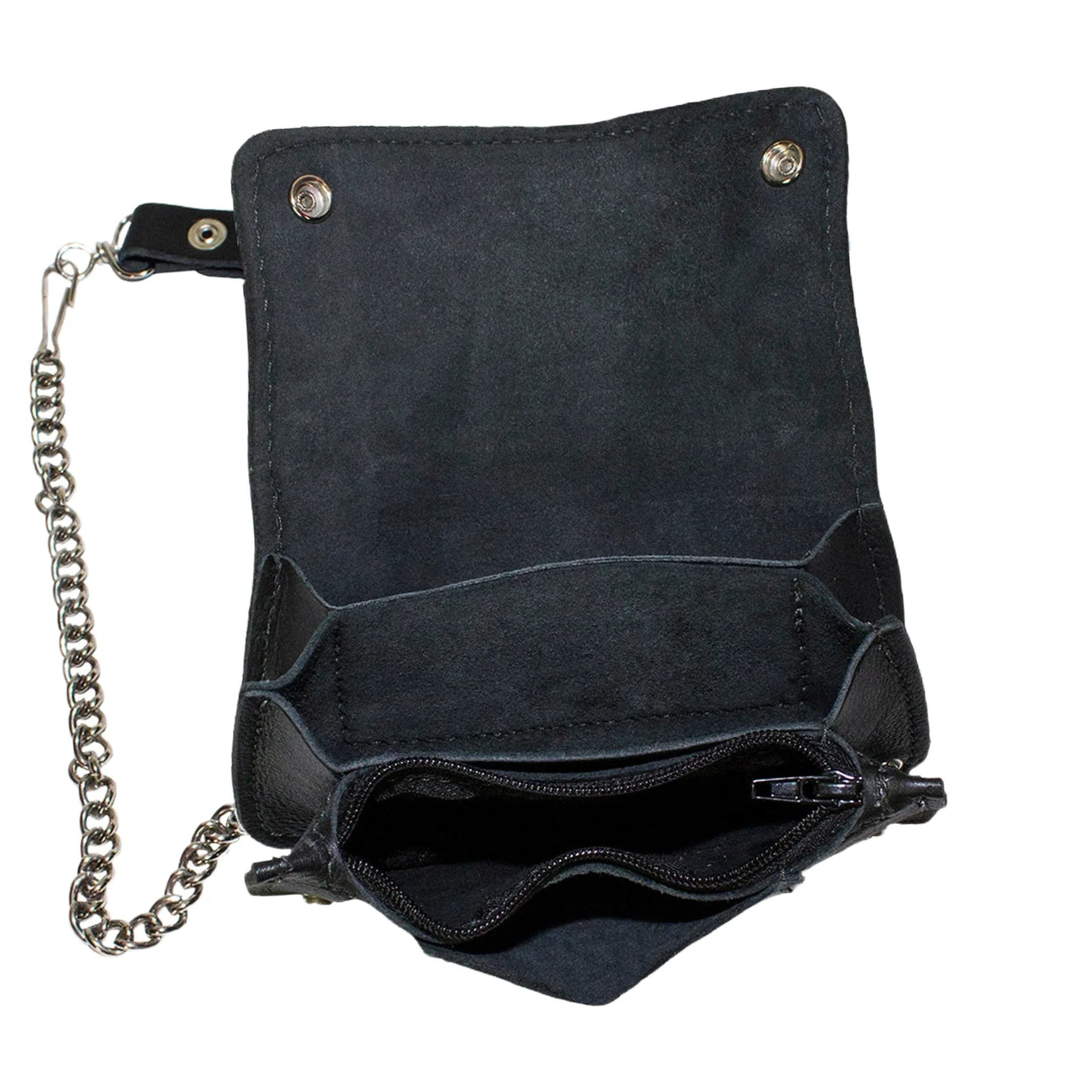 Heavy Duty Black Leather Motorcycle Chain Wallet Genuine Cowhide Bifold Chrome Chain