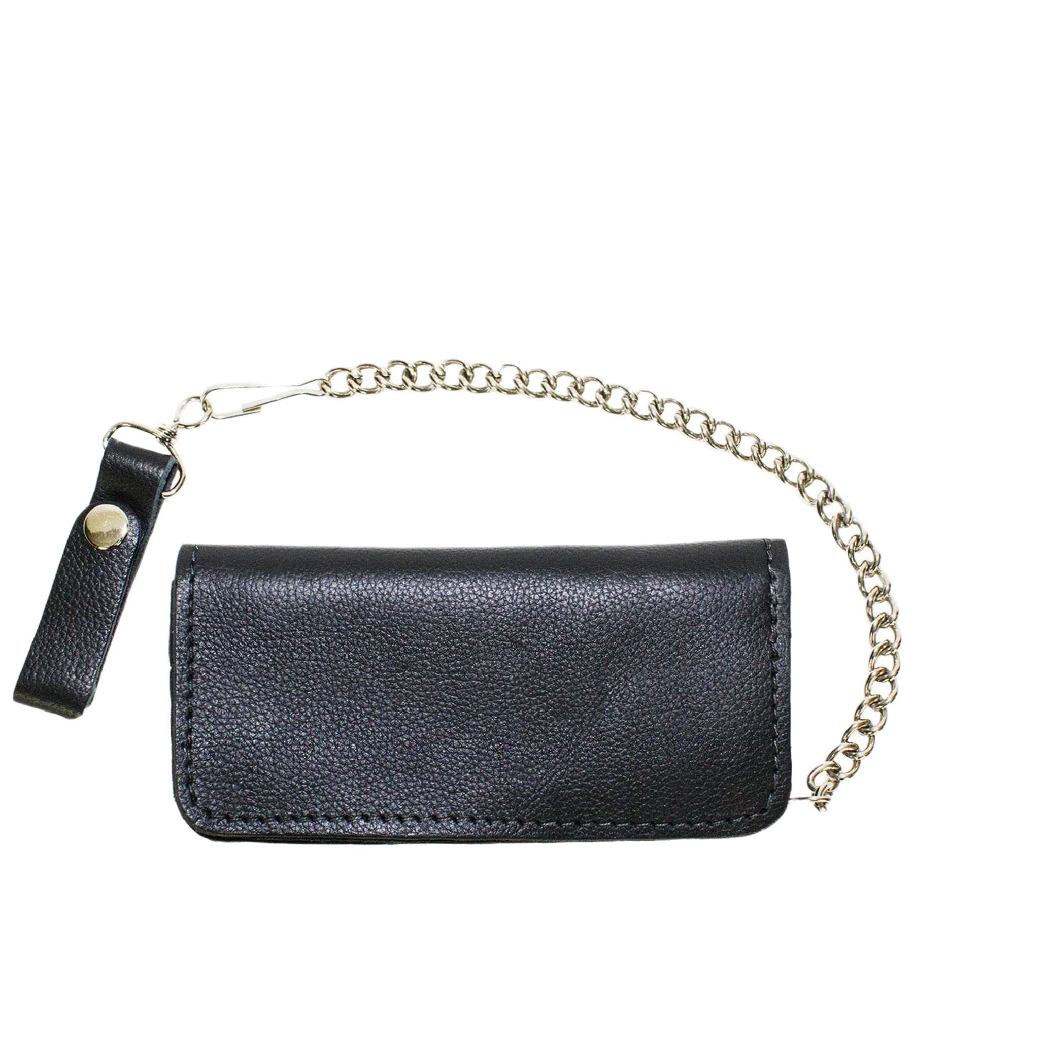 Heavy Duty Black Leather Motorcycle Chain Wallet Genuine Cowhide Bifold Chrome Chain