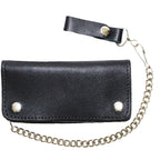 Heavy Duty Black Leather Motorcycle Chain Wallet Genuine Cowhide Bifold Chrome Chain