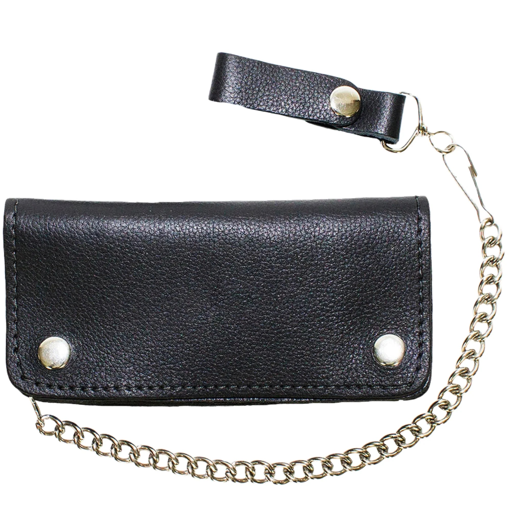 Heavy Duty Black Leather Motorcycle Chain Wallet Genuine Cowhide Bifold Chrome Chain