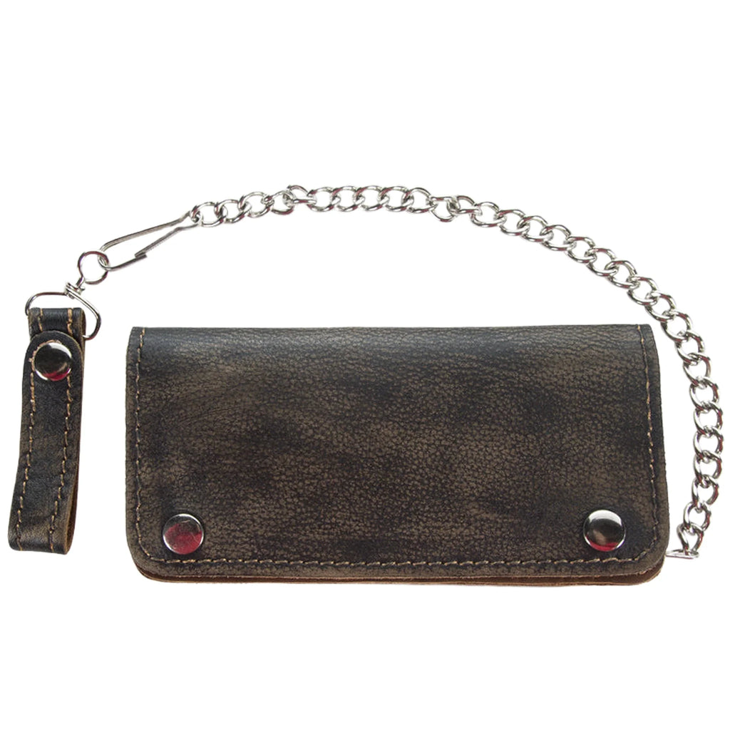 Heavy Duty Distressed Brown Leather Bifold Motorcycle Chain Wallet