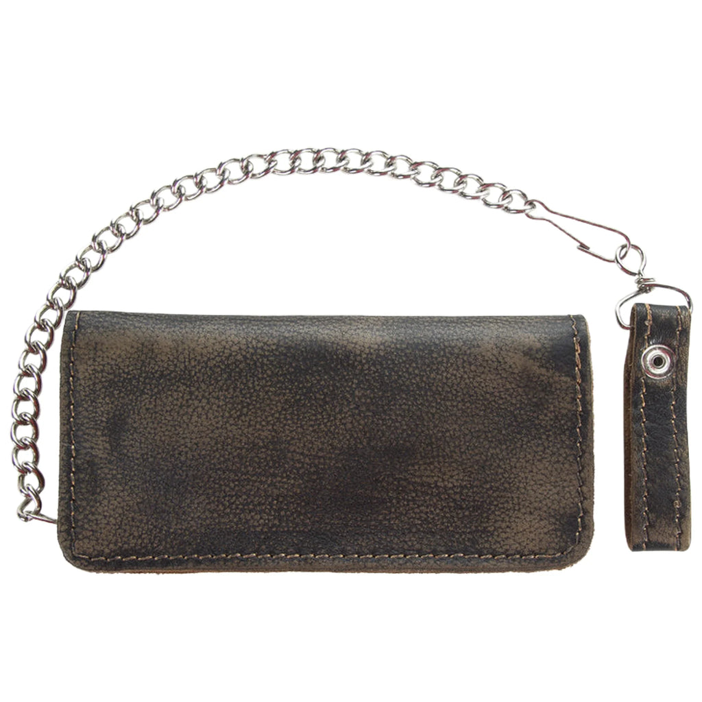 Heavy Duty Distressed Brown Leather Bifold Motorcycle Chain Wallet Premium Cowhide