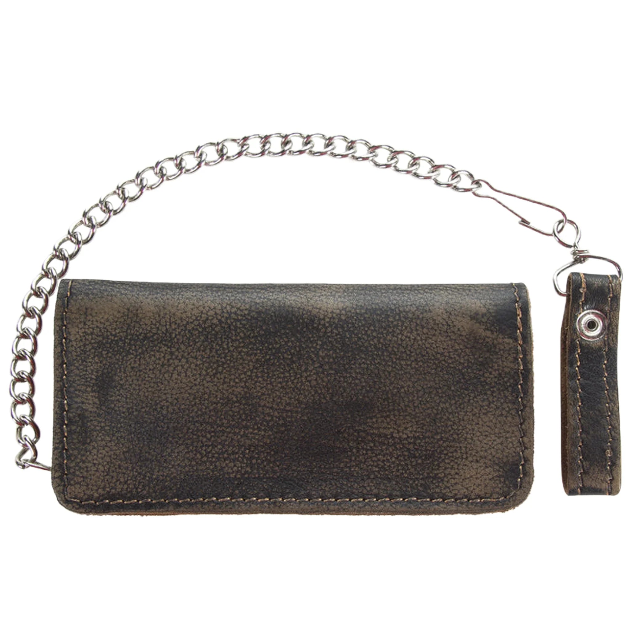 Heavy Duty Distressed Brown Leather Bifold Motorcycle Chain Wallet Premium Cowhide