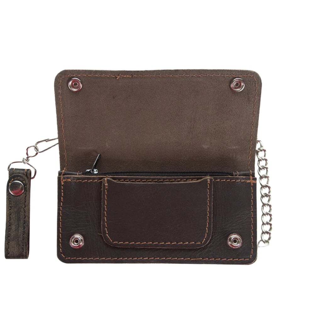 Heavy Duty Distressed Brown Leather Bifold Motorcycle Chain Wallet Premium Cowhide