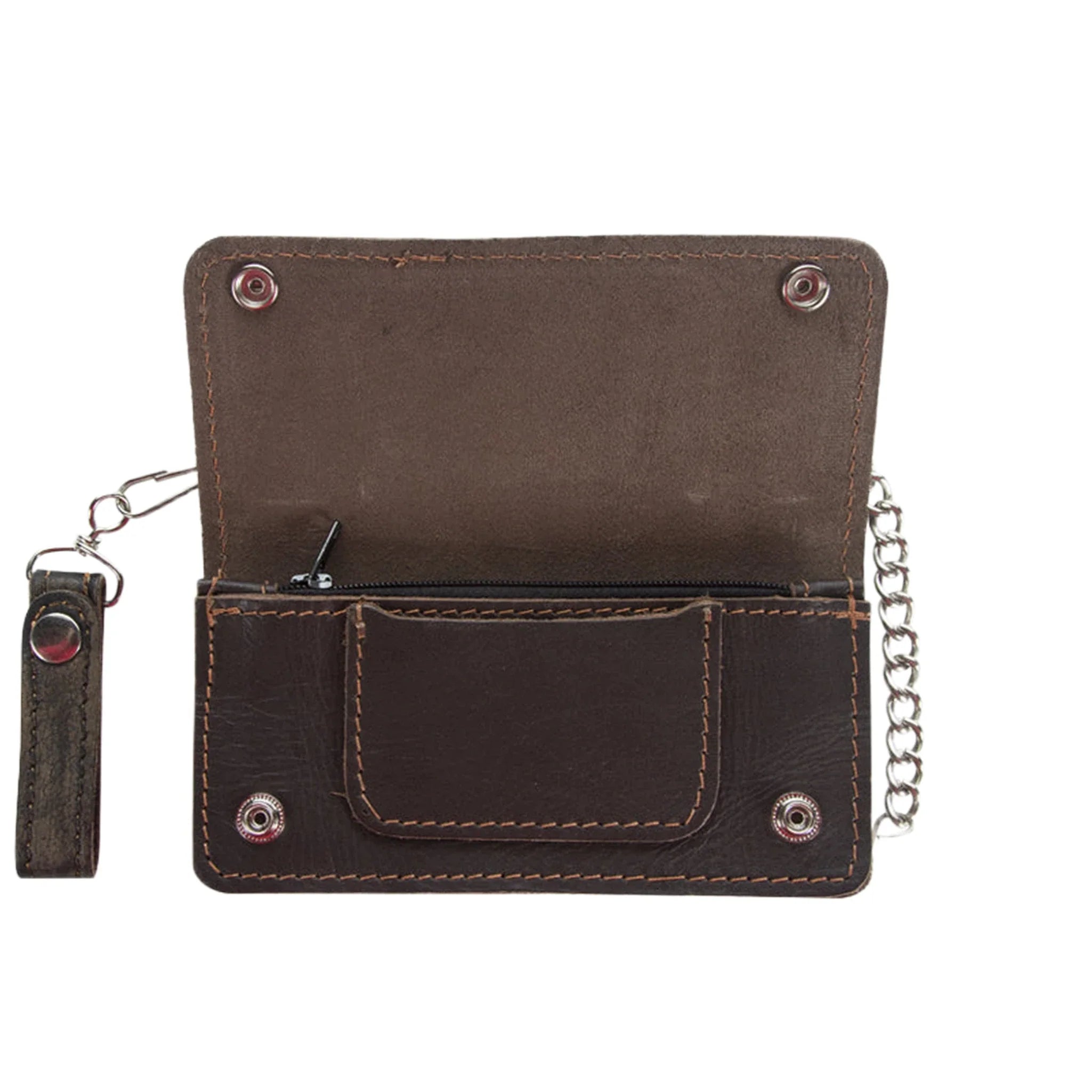 Heavy Duty Distressed Brown Leather Bifold Motorcycle Chain Wallet Premium Cowhide