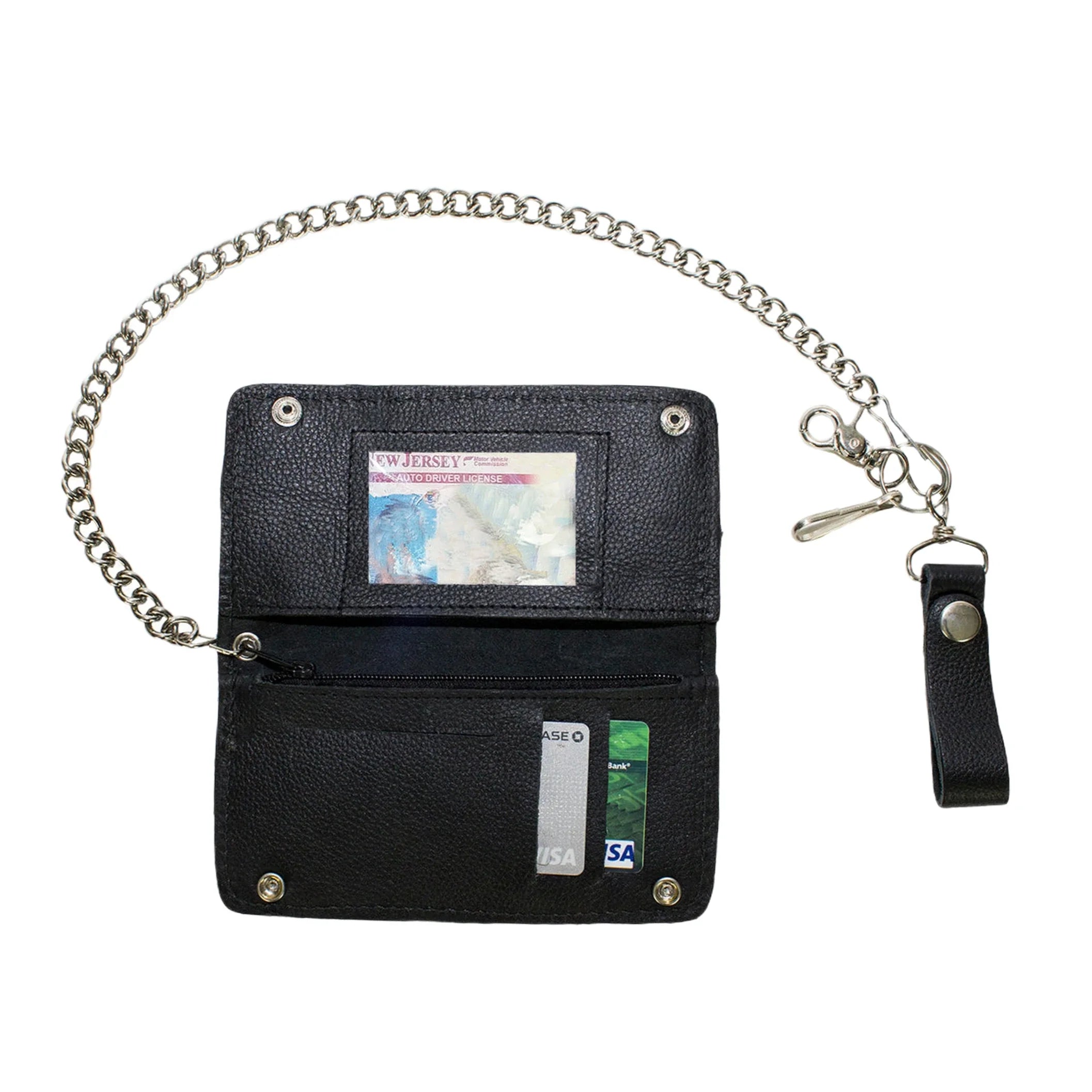Heavy Duty Black Leather Chain Wallet With Multiple Compartments Lobster Clasp