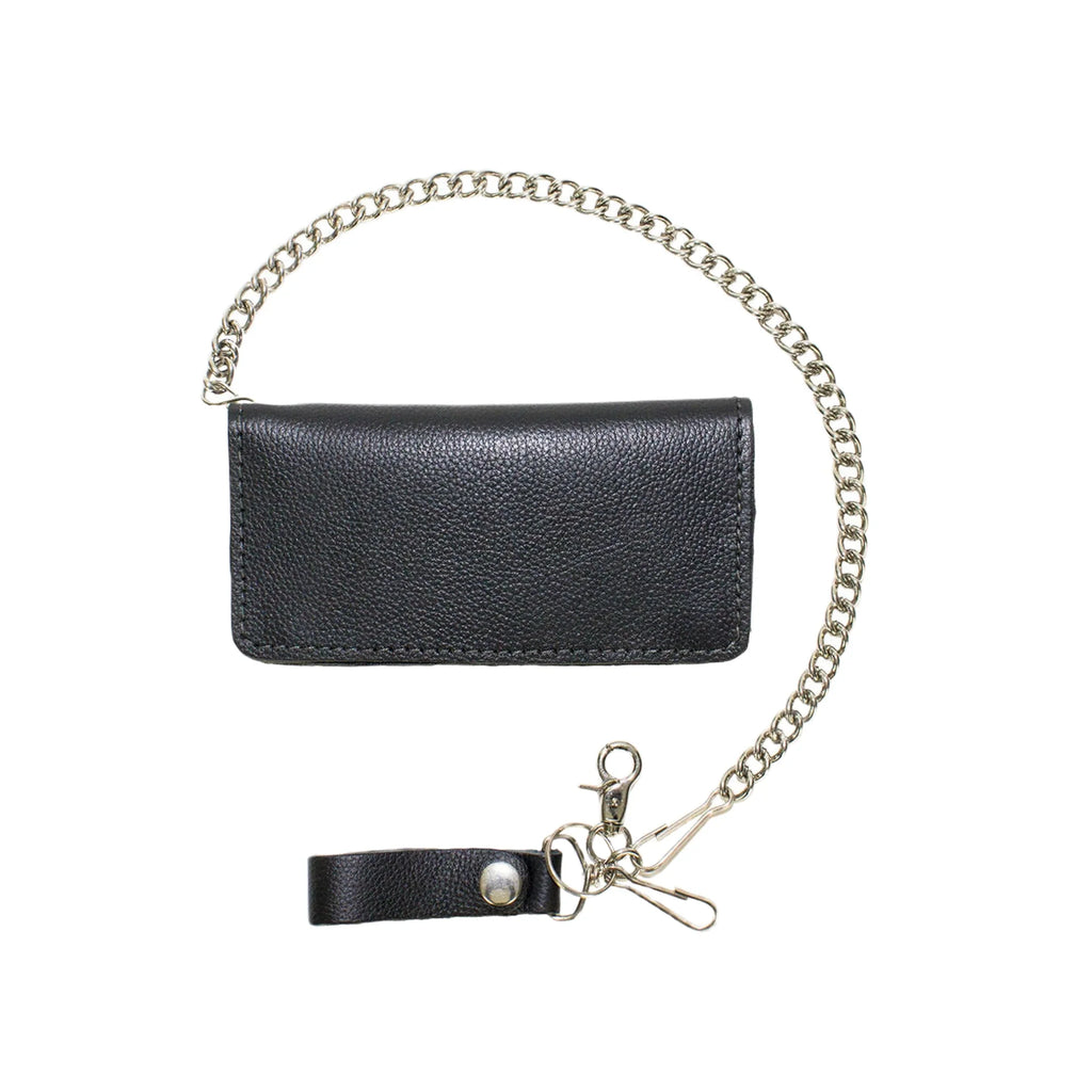 Heavy Duty Black Leather Chain Wallet With Multiple Compartments Lobster Clasp