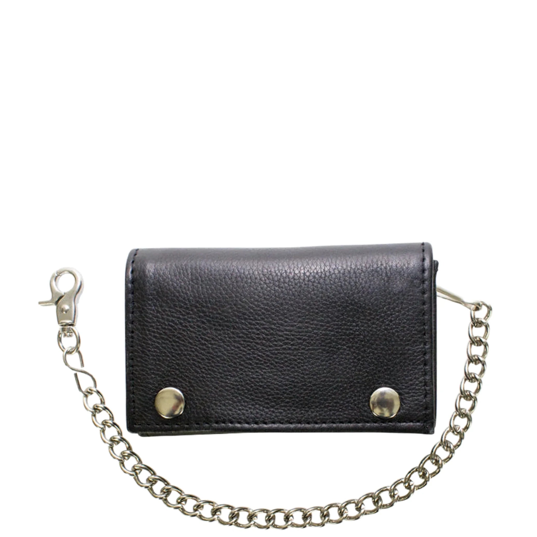 Black Naked Cowhide Leather Heavy Duty Biker Trifold Chain Wallet with Snaps