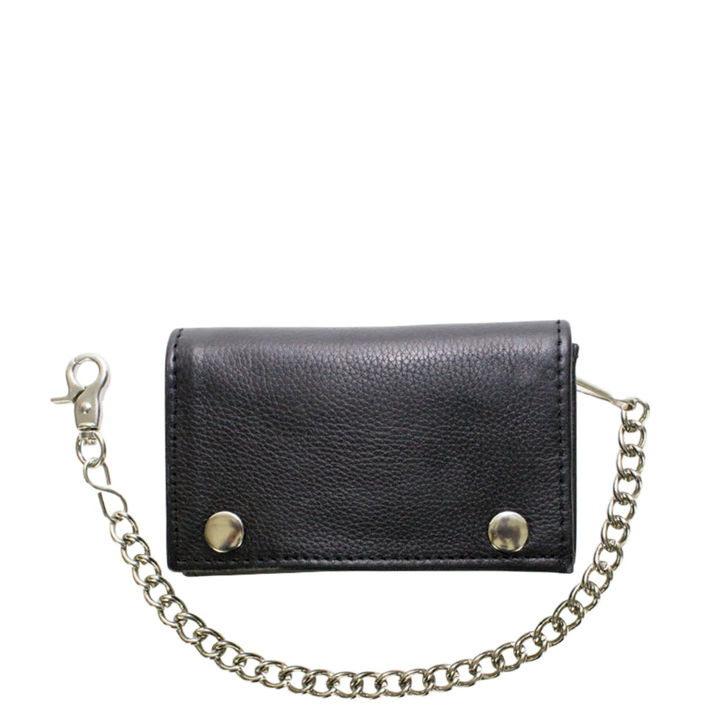 Black Naked Cowhide Leather Biker Trifold Chain Wallet Heavy Duty with Snaps