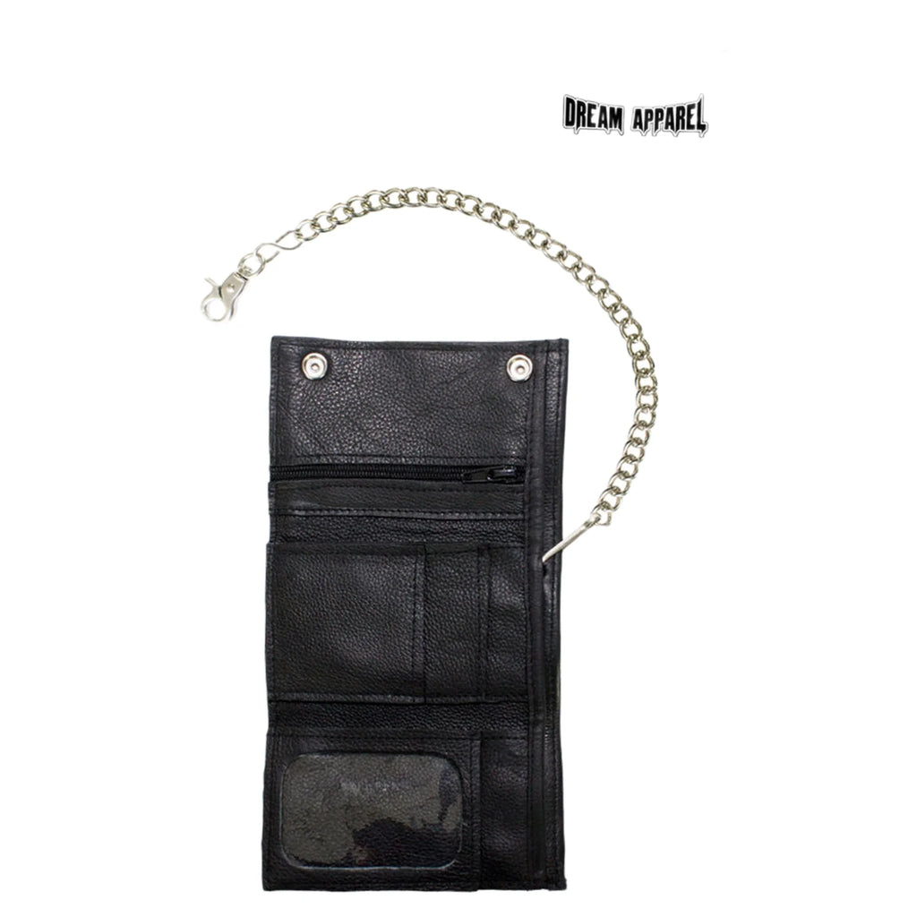 Black Naked Cowhide Leather Biker Trifold Chain Wallet Heavy Duty with Snaps