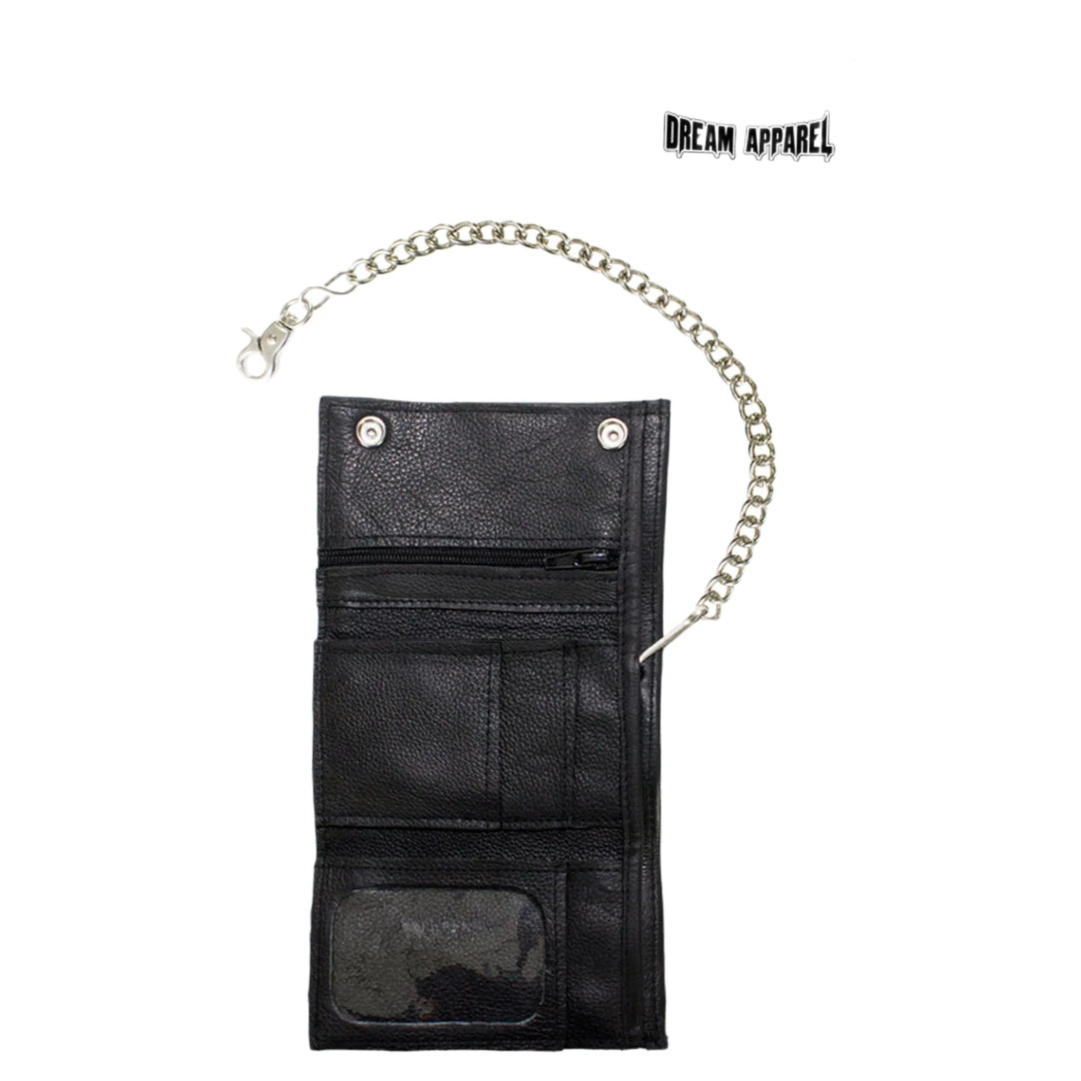 Black Naked Cowhide Leather Biker Trifold Chain Wallet Heavy Duty with Snaps