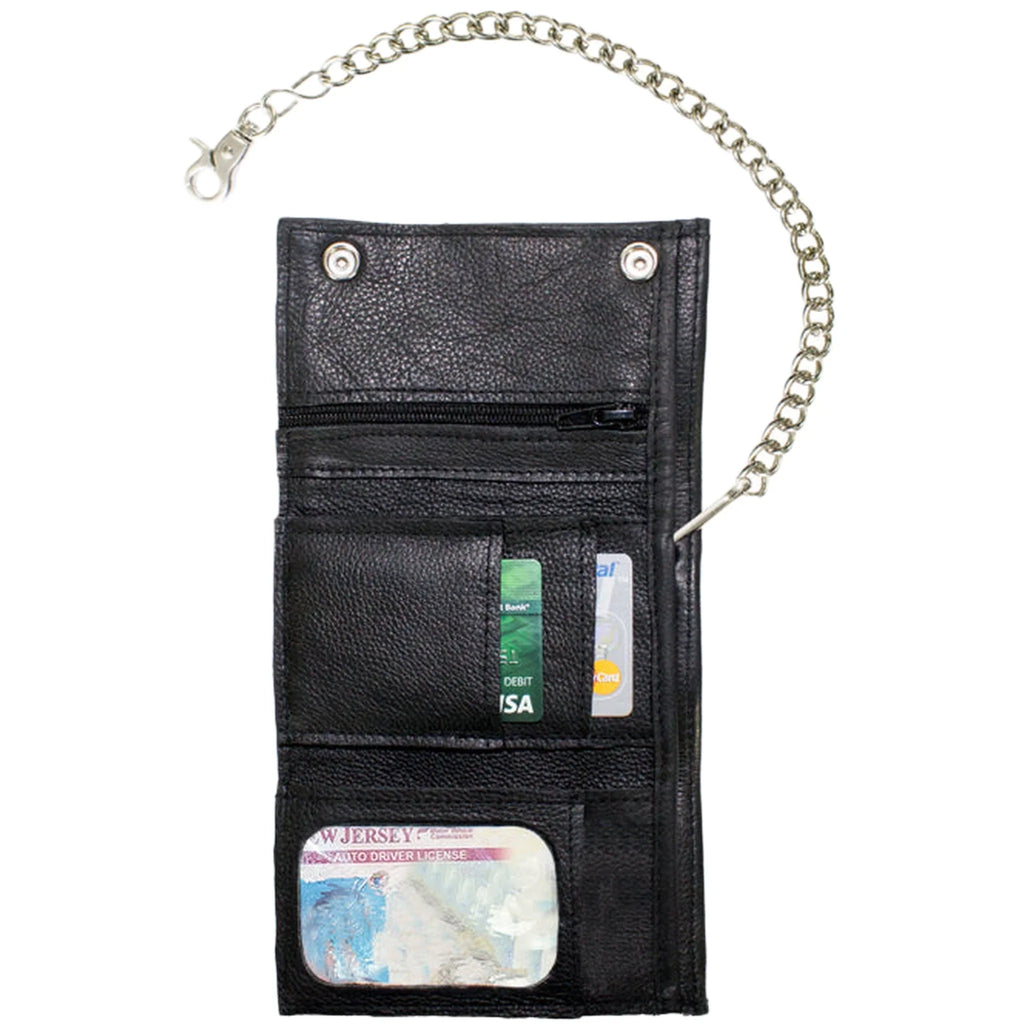 Black Naked Cowhide Leather Biker Trifold Chain Wallet Heavy Duty with Snaps