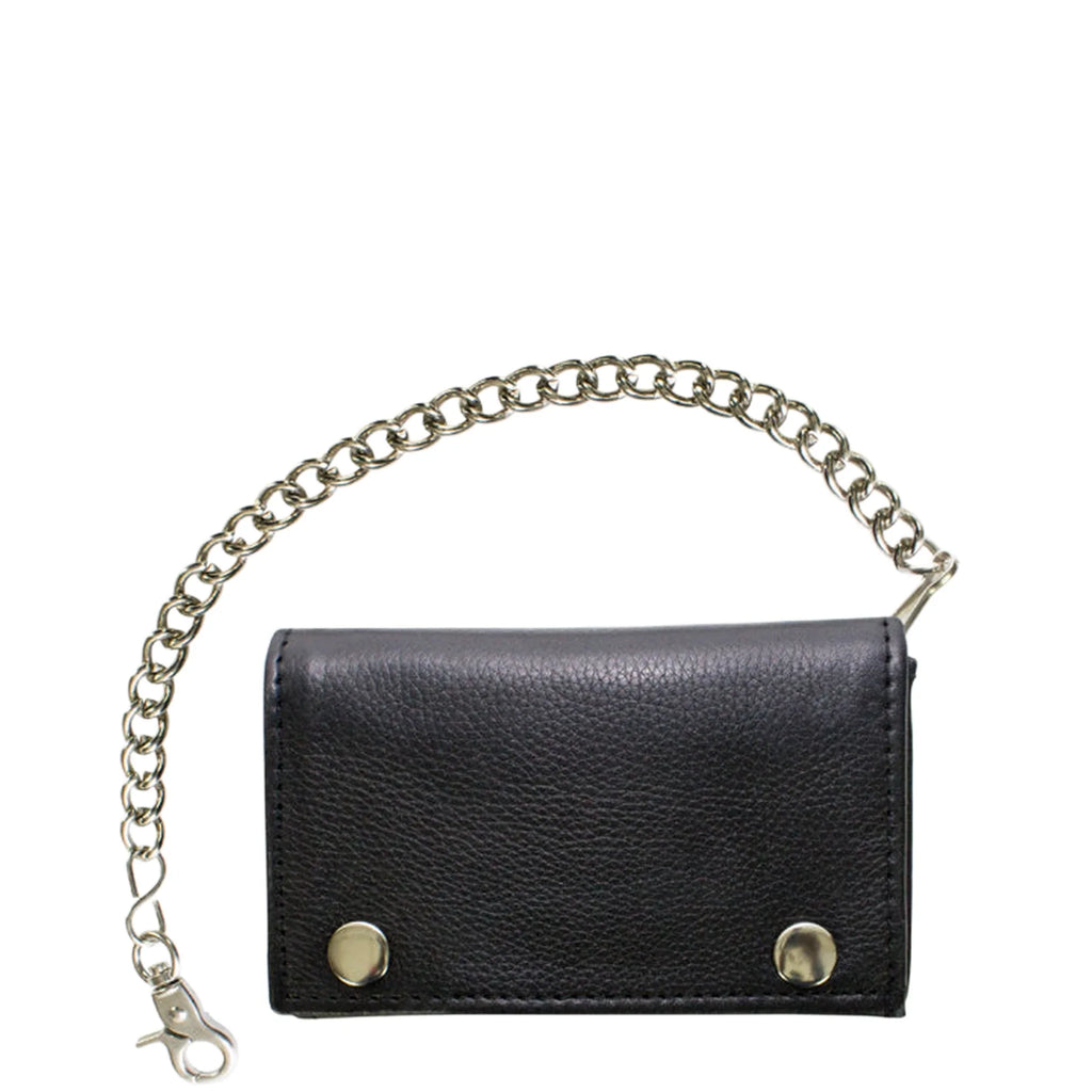 Black Naked Cowhide Leather Biker Trifold Chain Wallet Heavy Duty with Snaps