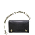 Black Naked Cowhide Leather Biker Trifold Chain Wallet Heavy Duty with Snaps