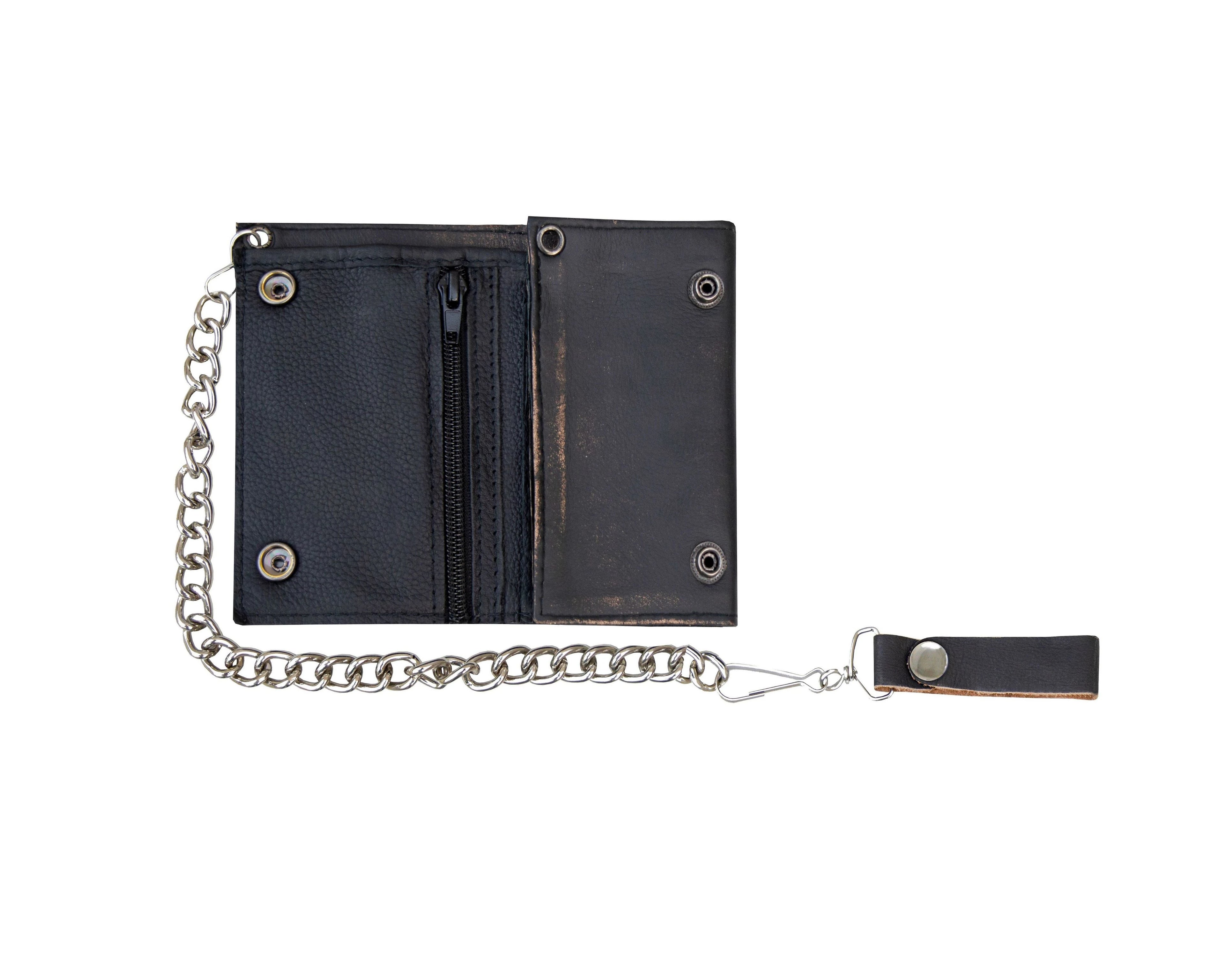Distress Brown Leather Biker Trifold Chain Wallet Dream Apparel Heavy Duty