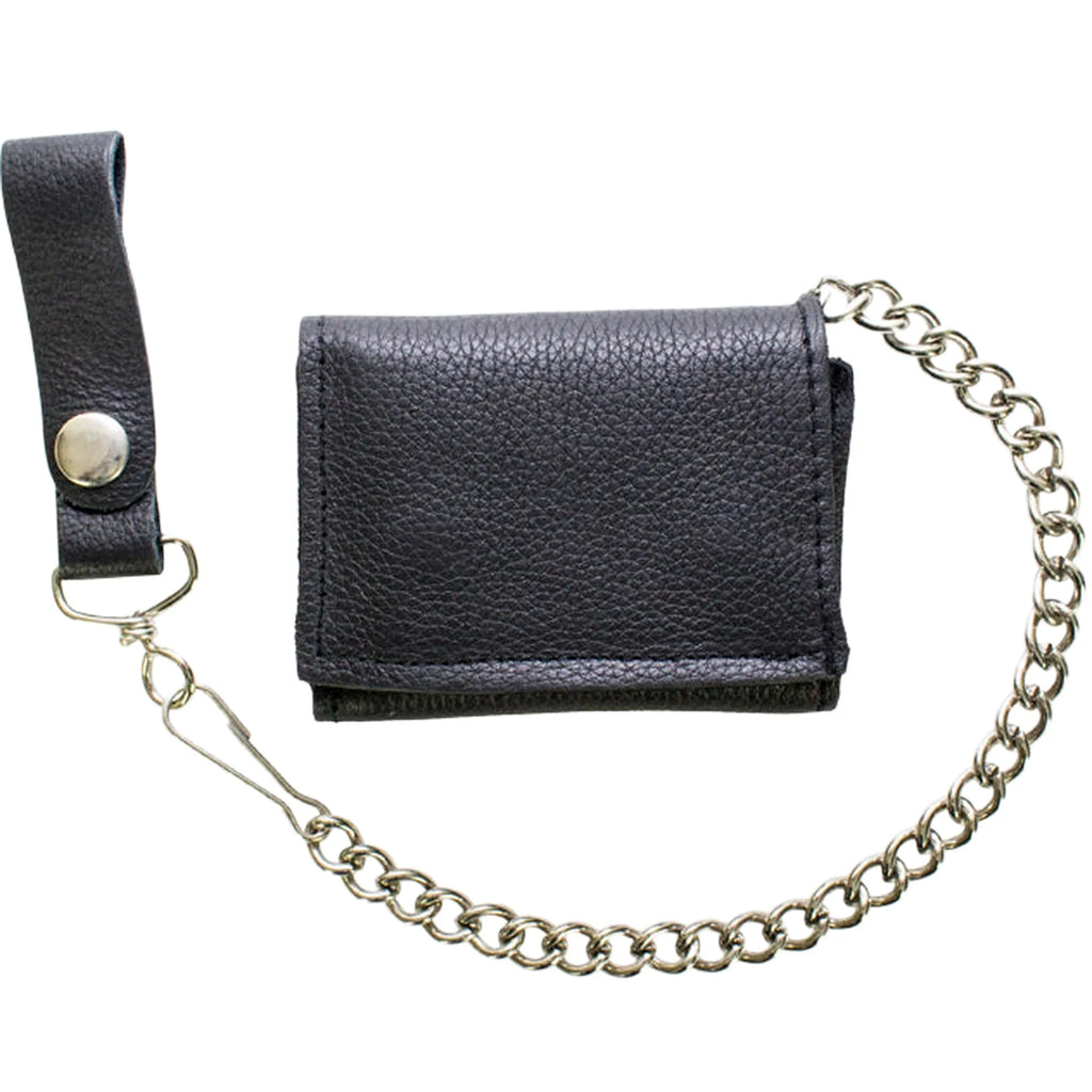Leather Biker Tri-Fold Wallet Black Heavy Duty Cowhide Chain Strap
