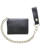 Leather Biker Tri-Fold Wallet Black Heavy Duty Cowhide Chain Strap