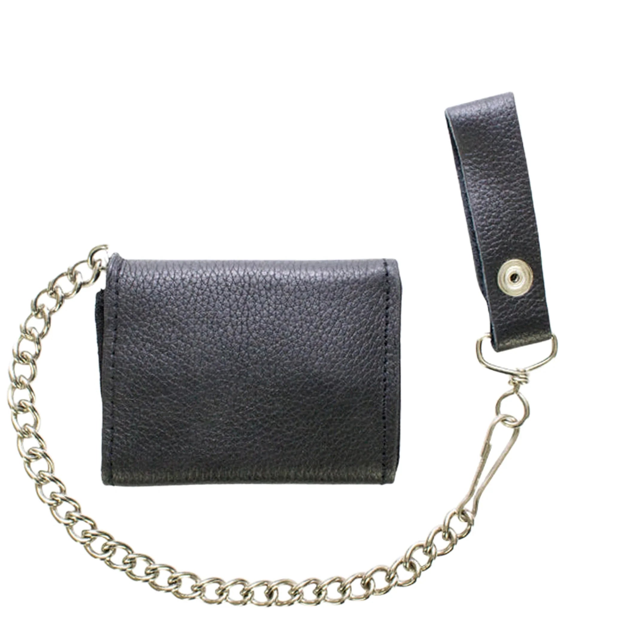 Leather Biker Tri-Fold Wallet Black Heavy Duty Cowhide Chain Strap