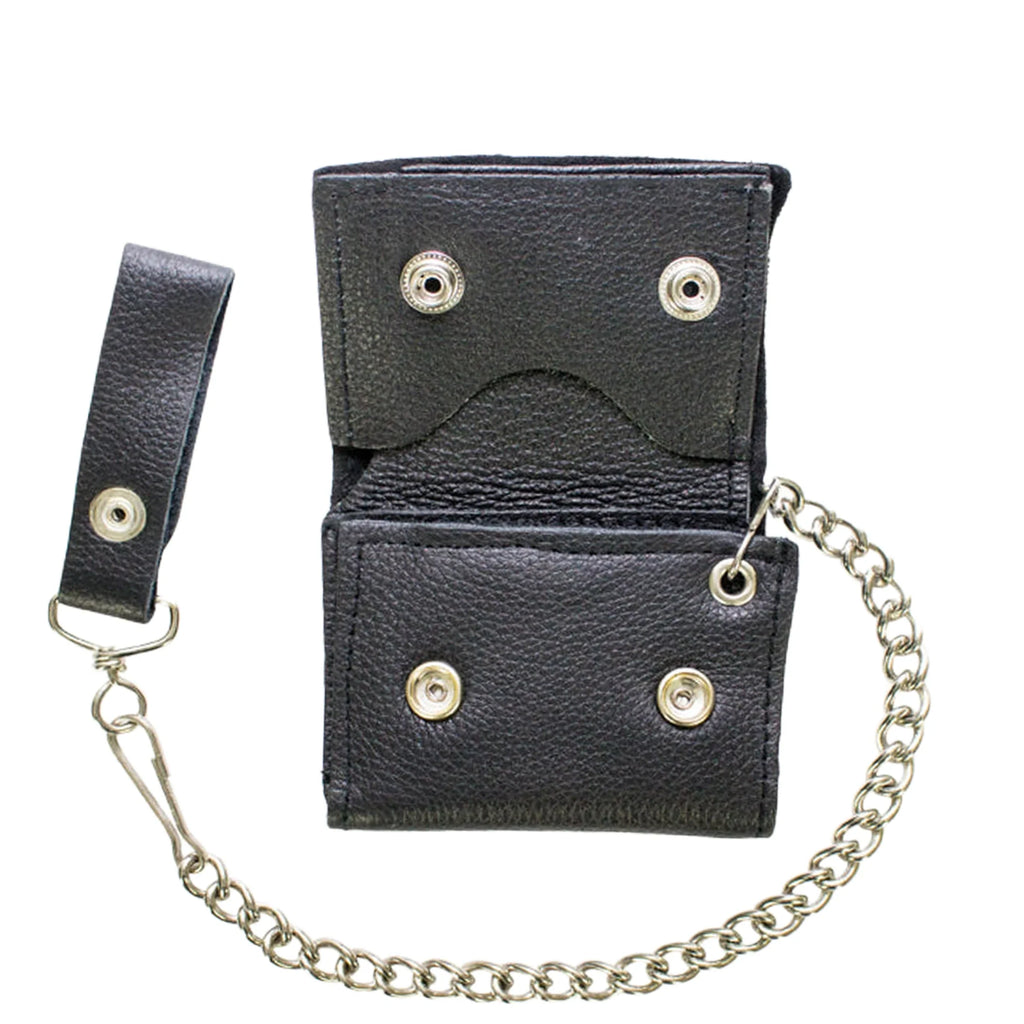 Leather Biker Tri-Fold Wallet Black Heavy Duty Cowhide Chain Strap