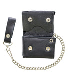 Leather Biker Tri-Fold Wallet Black Heavy Duty Cowhide Chain Strap