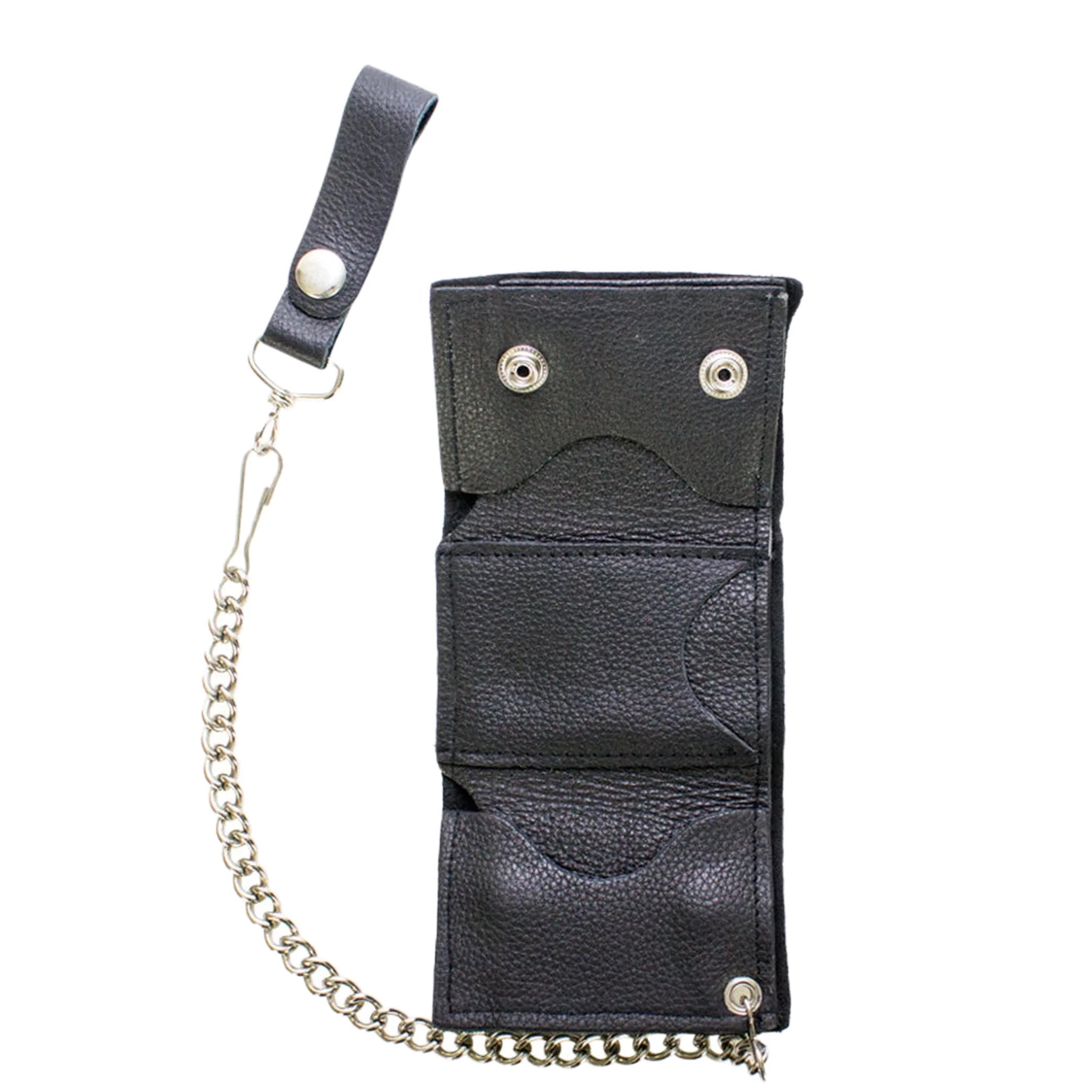 Leather Biker Tri-Fold Wallet Black Heavy Duty Cowhide Chain Strap