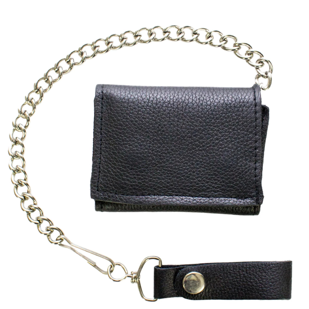 Leather Biker Tri-Fold Wallet Black Heavy Duty Cowhide Chain Strap