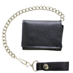 Leather Biker Tri-Fold Wallet Black Heavy Duty Cowhide Chain Strap