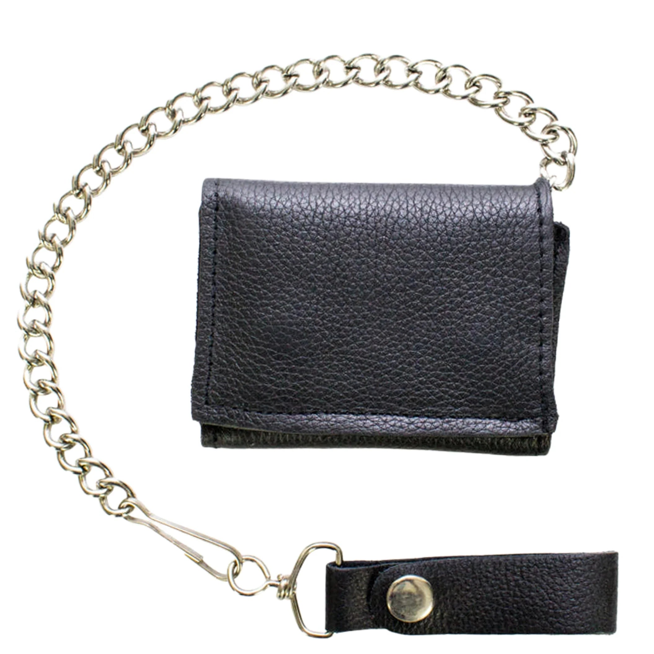Leather Biker Tri-Fold Wallet Black Heavy Duty Cowhide Chain Strap