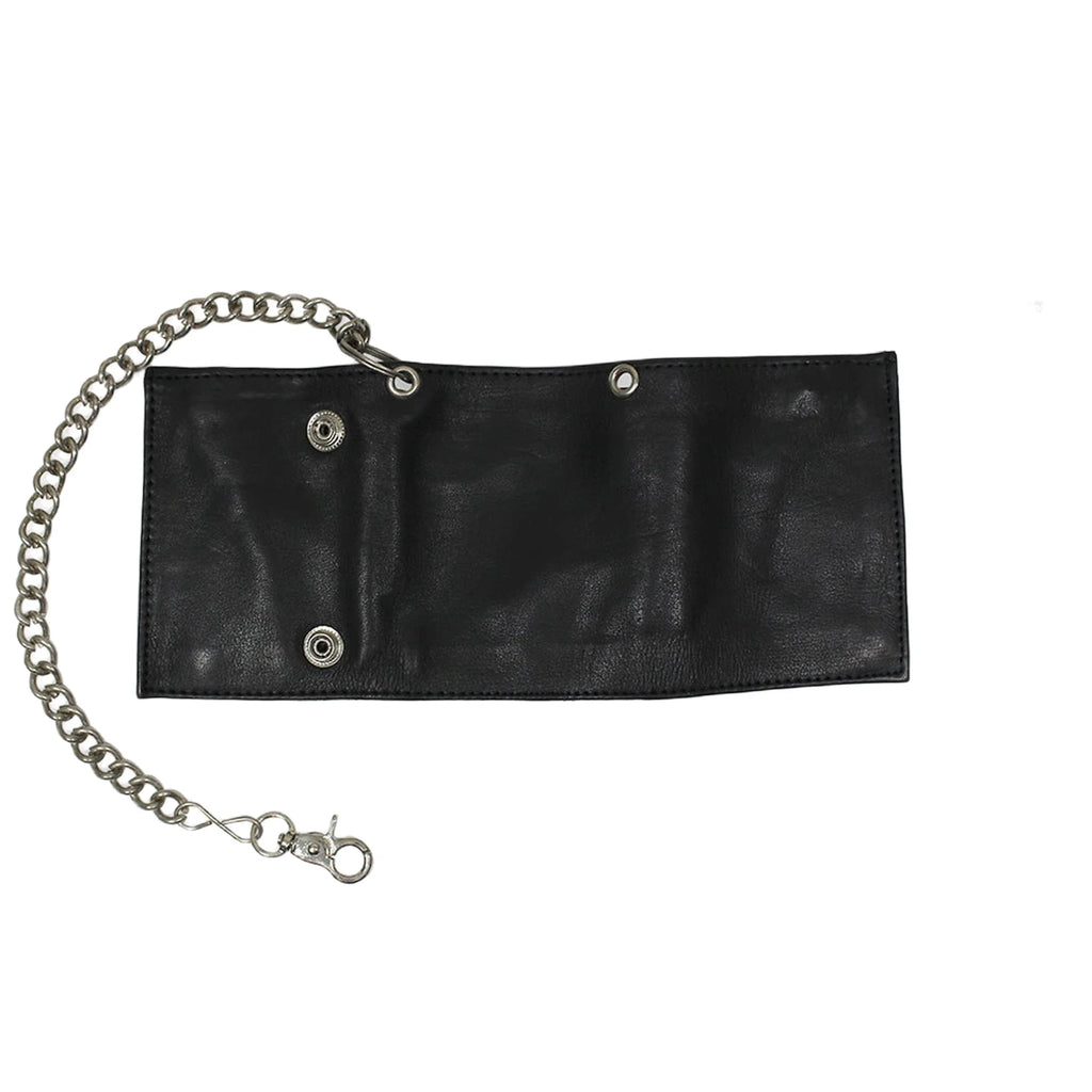 Plain Black Biker Tri-Fold Chain Wallet Genuine Cowhide Leather Durable