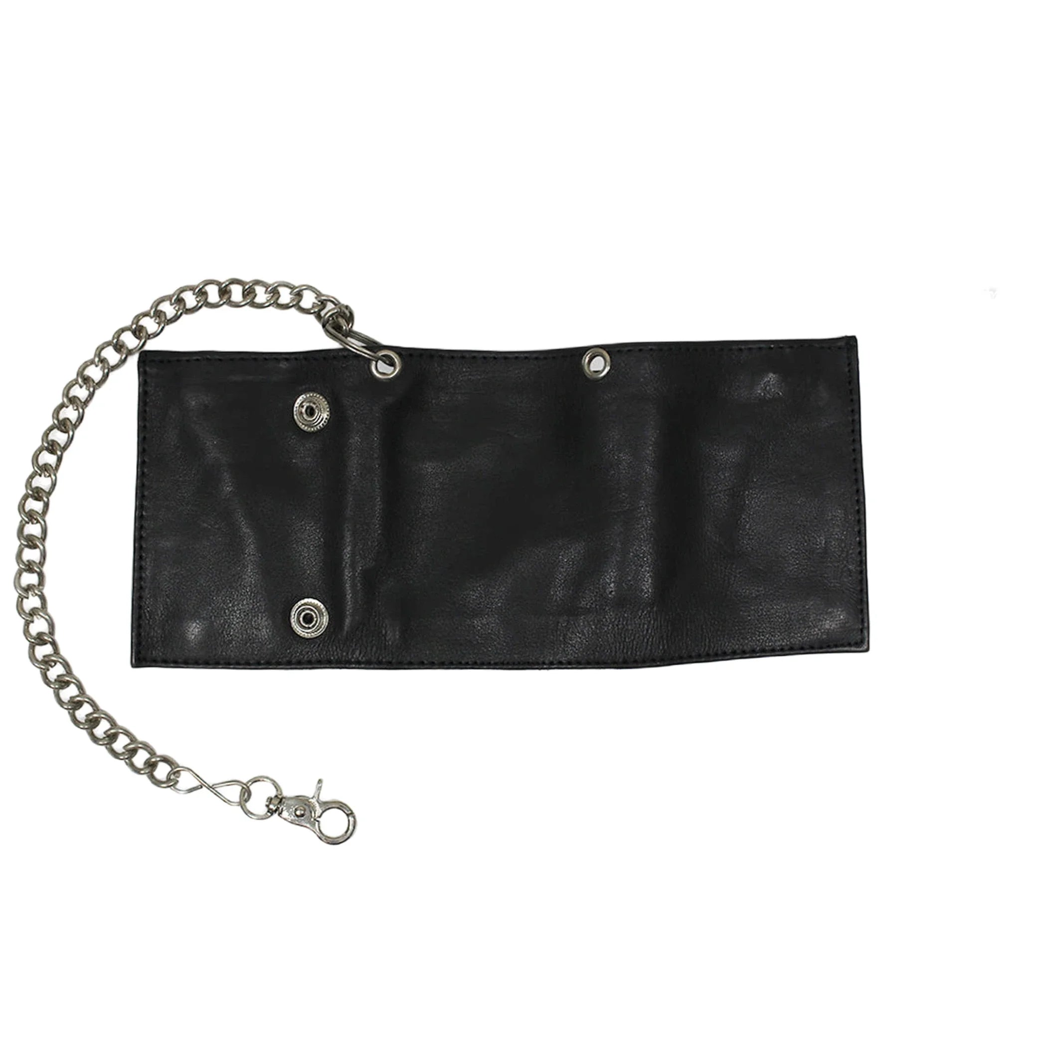 Plain Black Biker Tri-Fold Chain Wallet Genuine Cowhide Leather Durable