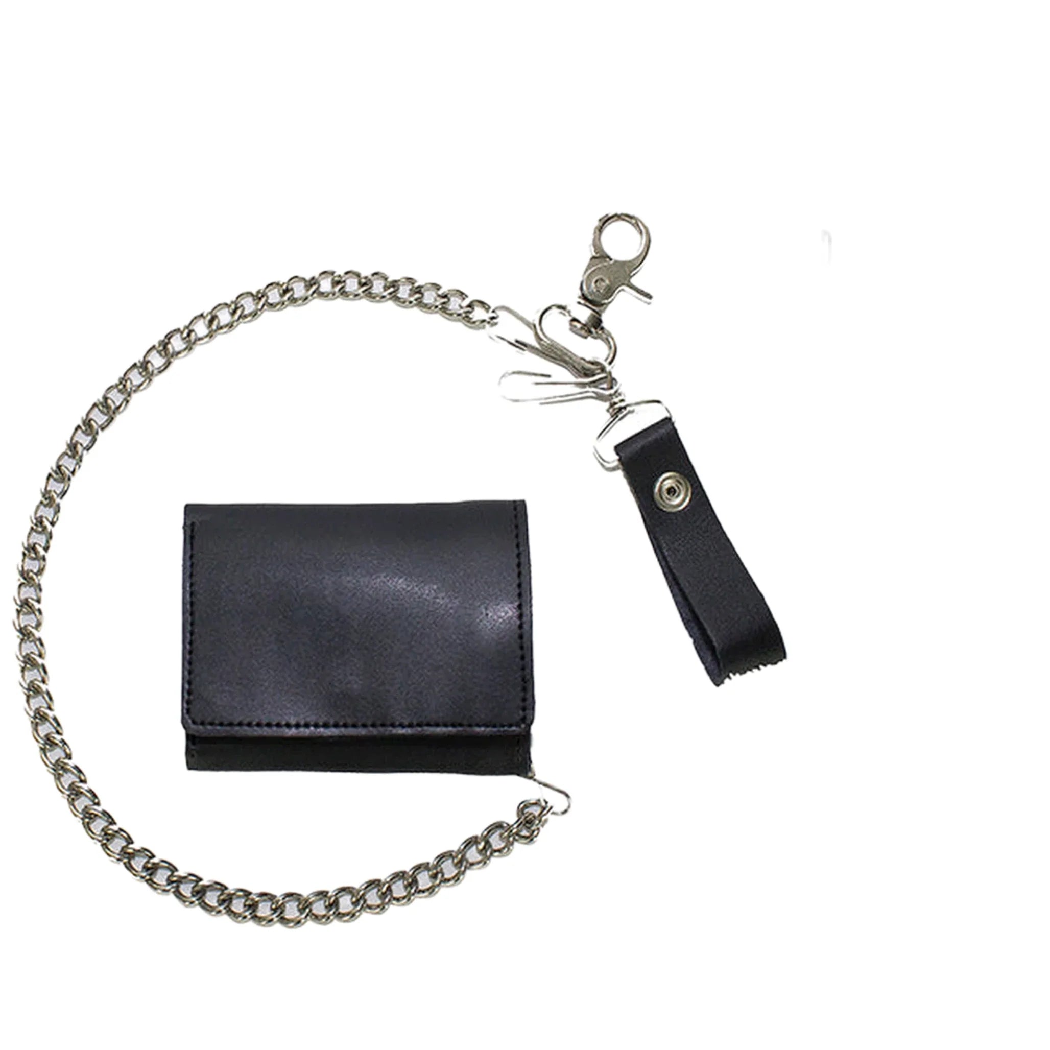 Plain Black Biker Tri-Fold Chain Wallet Genuine Cowhide Leather Durable