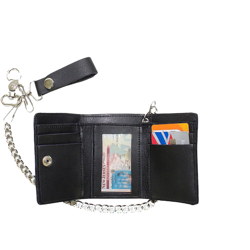 Plain Black Biker Tri-Fold Chain Wallet Genuine Cowhide Leather Durable