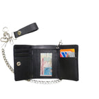 Plain Black Biker Tri-Fold Chain Wallet Genuine Cowhide Leather Durable