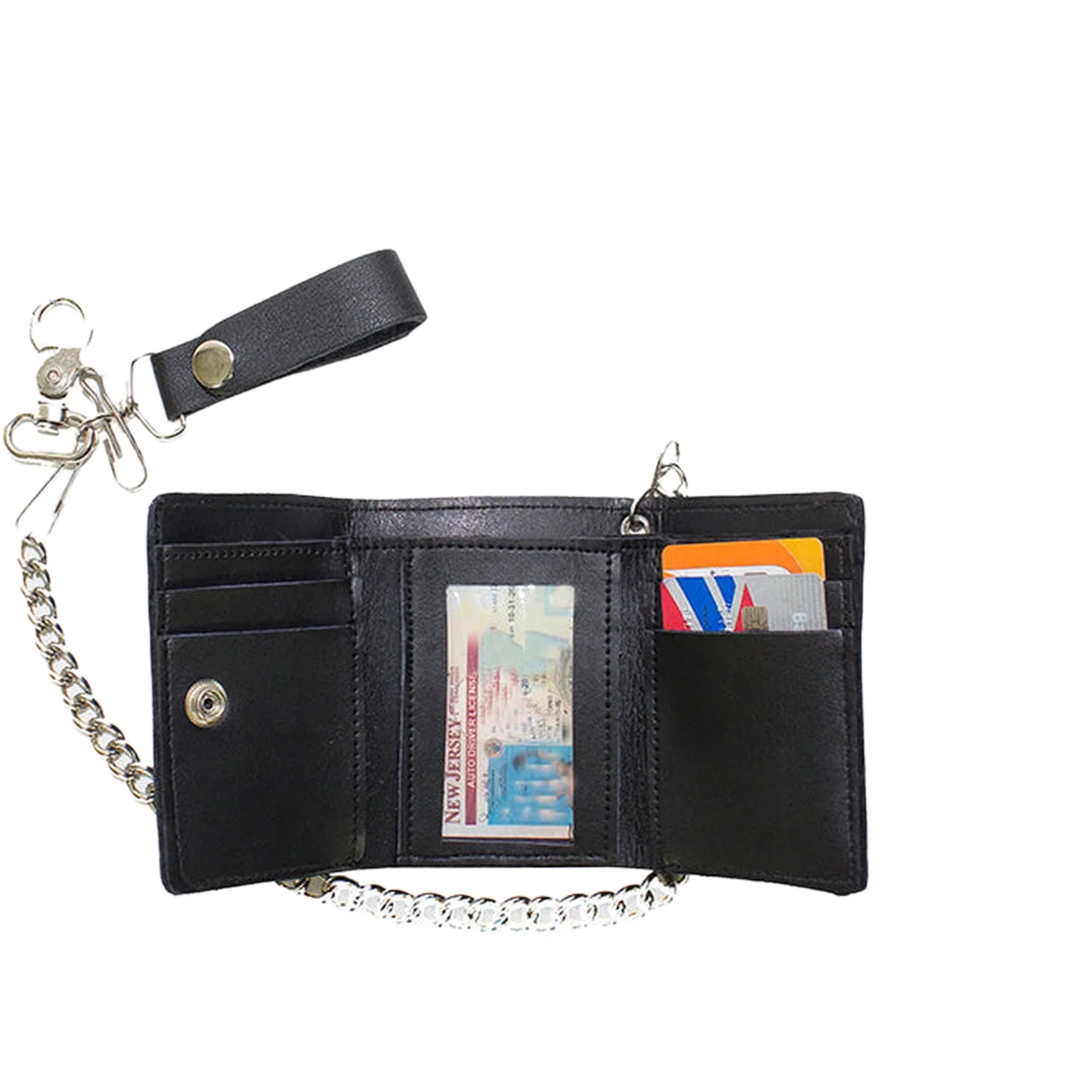 Plain Black Biker Tri-Fold Chain Wallet Genuine Cowhide Leather Durable