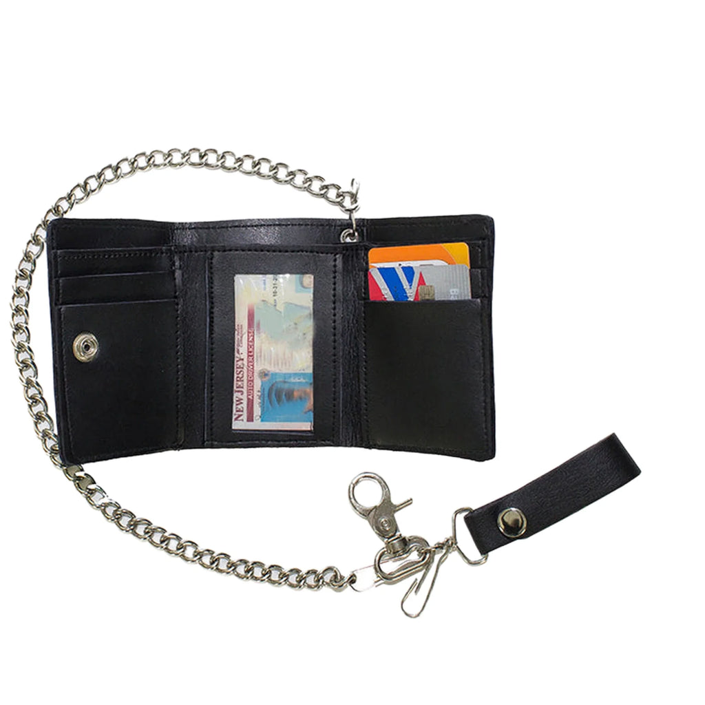 Plain Black Biker Tri-Fold Chain Wallet Genuine Cowhide Leather Durable