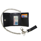 Plain Black Biker Tri-Fold Chain Wallet Genuine Cowhide Leather Durable