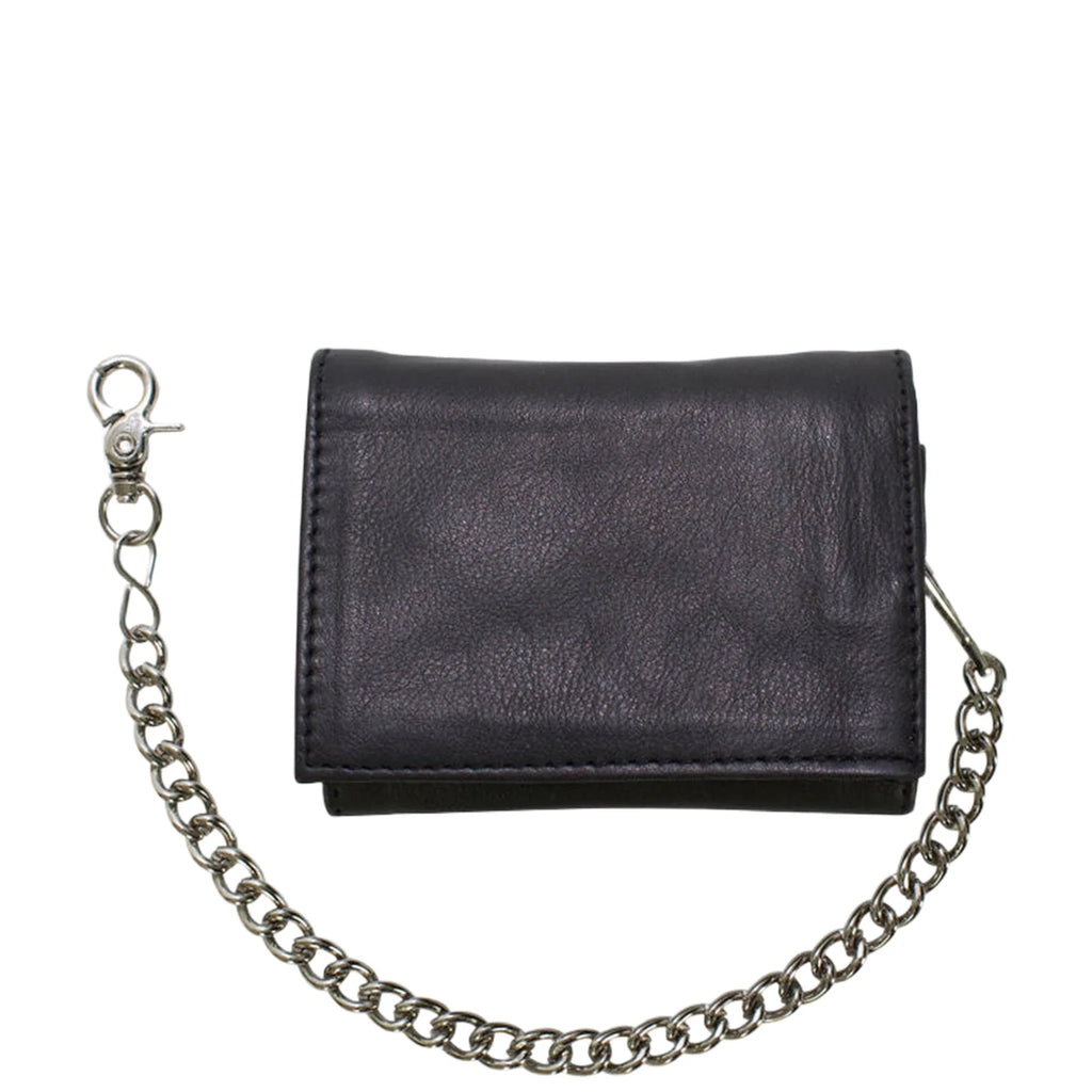 Naked Cowhide Leather Tri Fold Wallet Black Dream Apparel Multi Pocket Chain