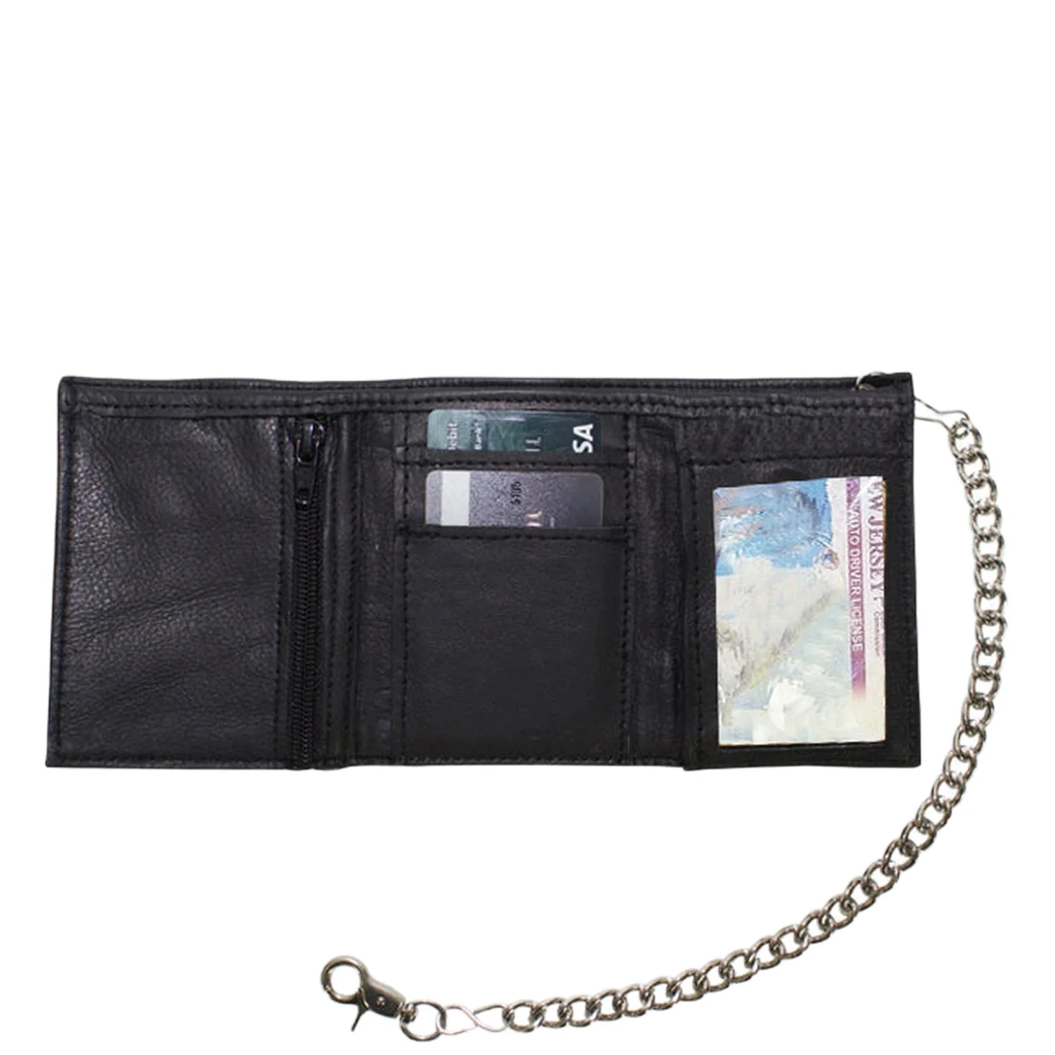 Naked Cowhide Leather Tri Fold Wallet Black Dream Apparel Multi Pocket Chain