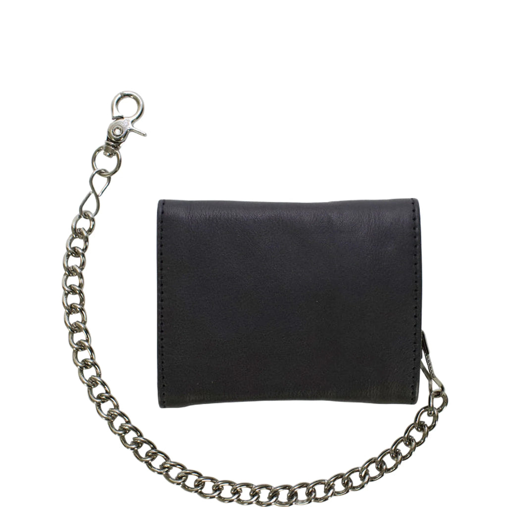 Dream Apparel Black Multi-Pocket Naked Cowhide Leather Tri-Fold Wallet with Chain