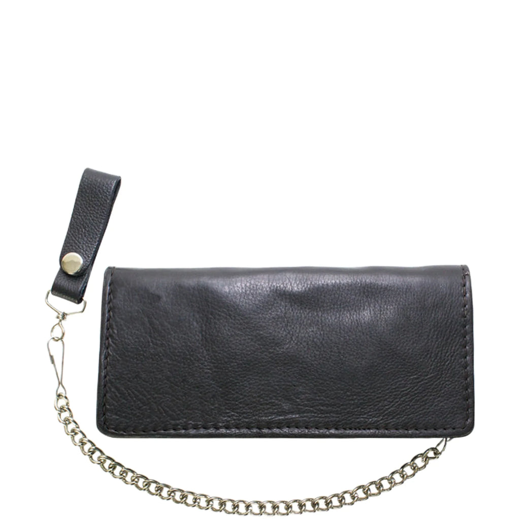 Men's Black Naked Cowhide Leather Wallet Dual Snap 3 Compartment Chain Strap