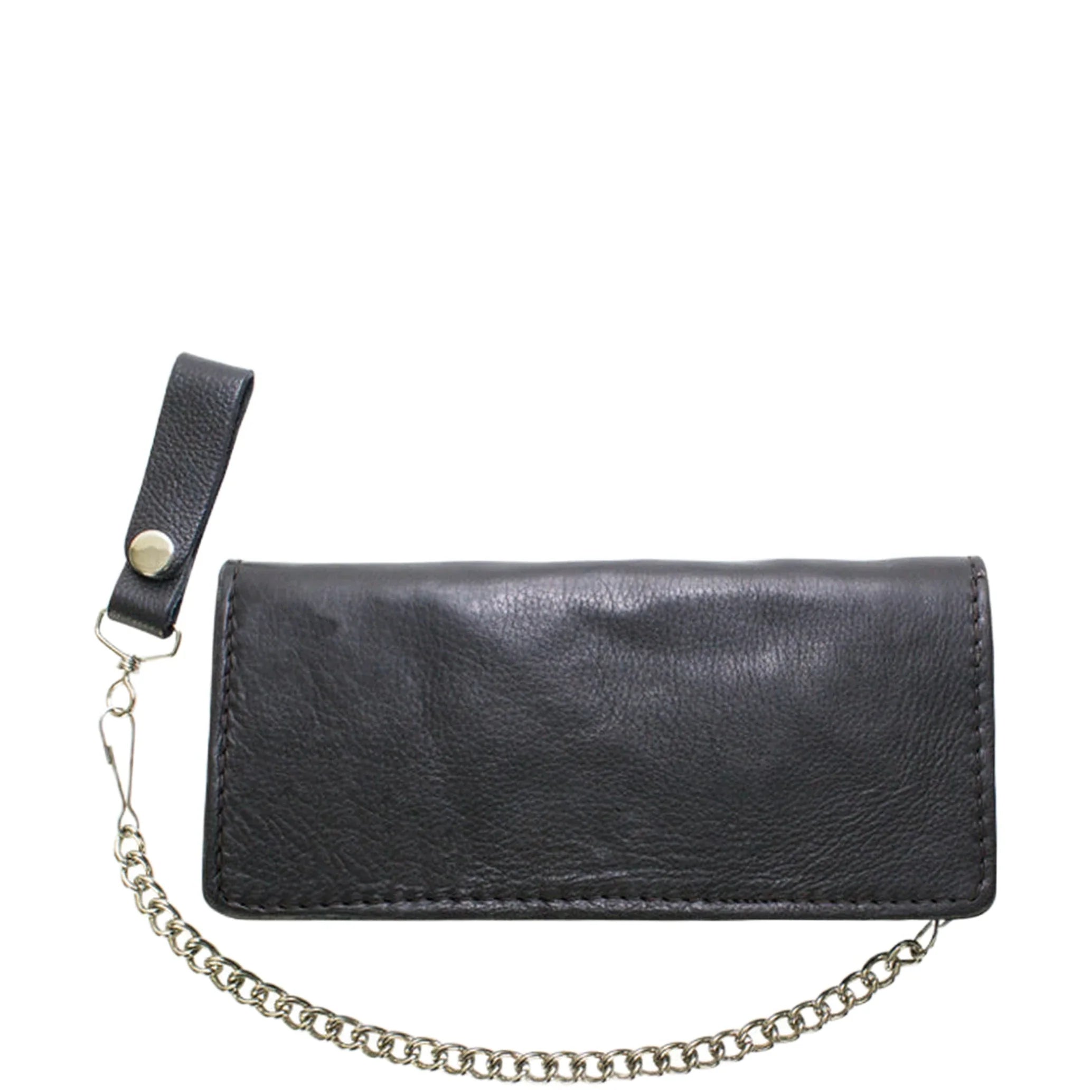 Men's Black Naked Cowhide Leather Wallet Dual Snap 3 Compartment Chain Strap