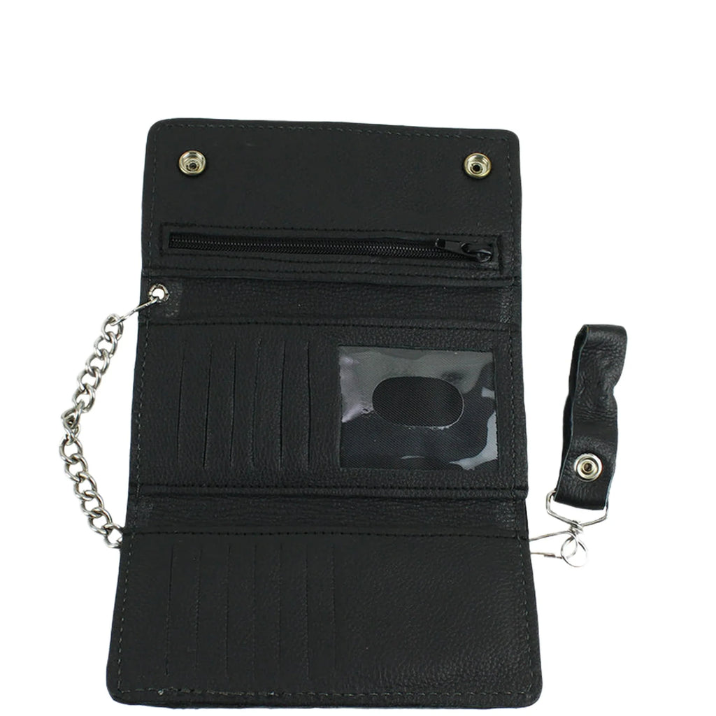 Motorcycle Black Naked Cowhide Wallet Tri Fold Leather Biker Chain Snap Closure